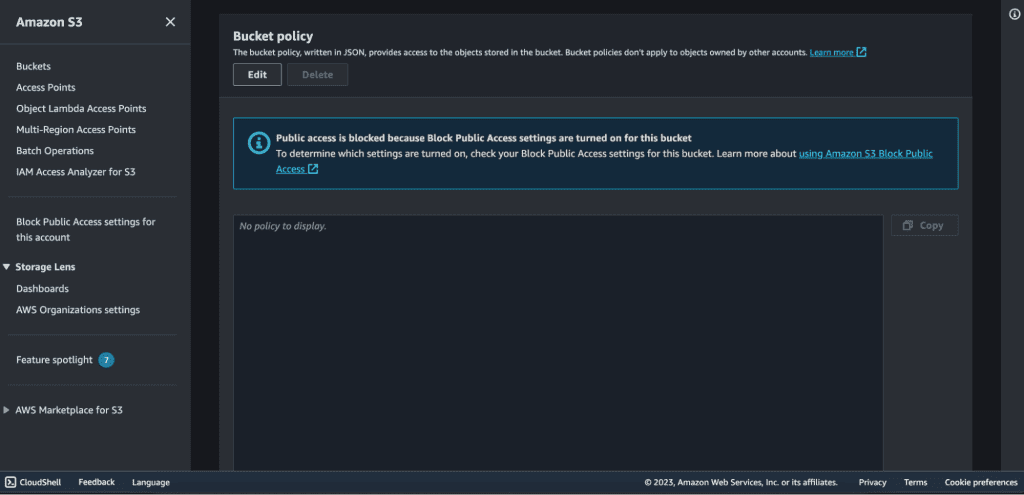 Accessing the bucket policy section 
