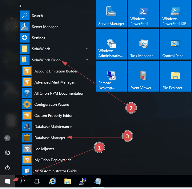 Screenshot showing accessing the SolarWinds Database Manager.
