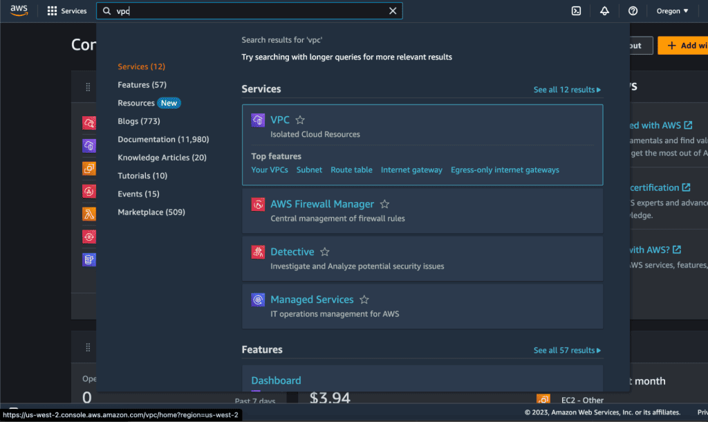 Screenshot showing Accessing the VPC in AWS.