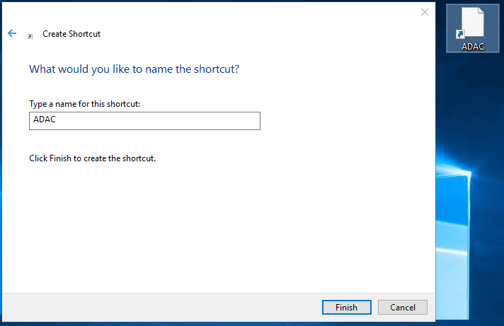 Screenshot showing adac runas shortcut
