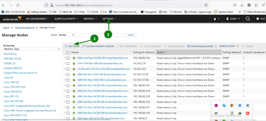 Screenshot showing adding new node on Solarwinds Orion NPM NMS system.