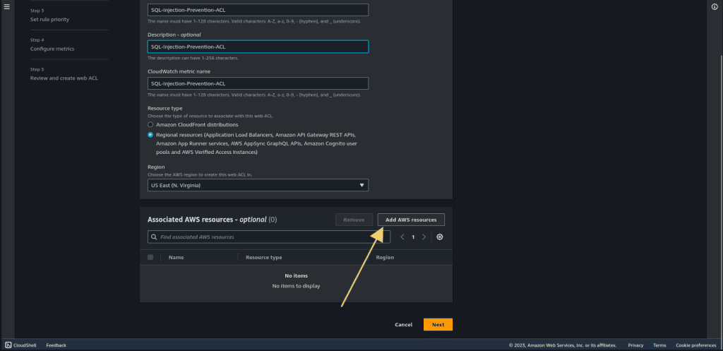 Adding AWS resources sql injection rule