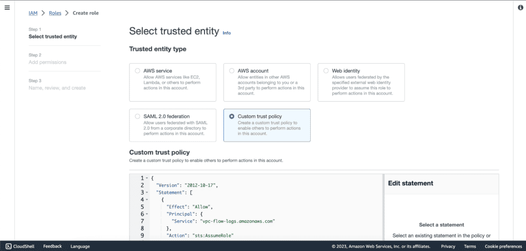 Screenshot showing Adding a custom trust policy in AWS.