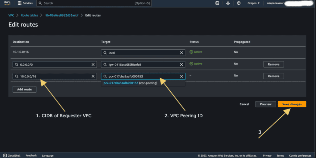 Screenshot showing adding VPC peering connection 