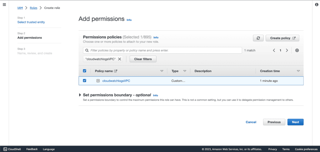 Screenshot showing Adding policy to the new role in AWS.