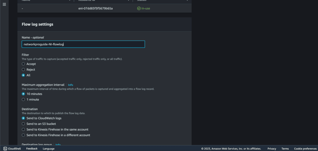 Screenshot showing Adding and selecting different values for the Network Interface flow log in AWS.