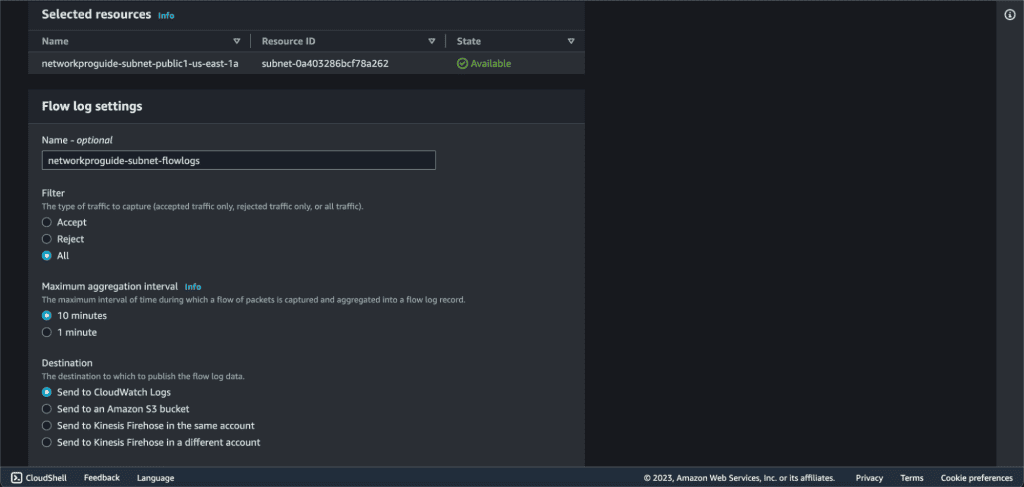 Screenshot showing Adding and selecting different values for the subnet flow log in AWS.