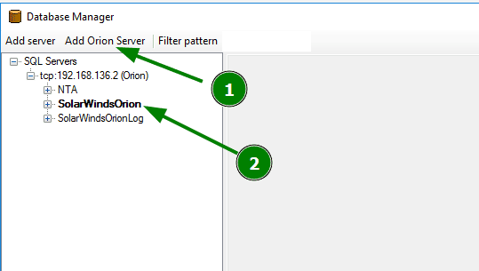 Screenshot showing adding server to SolarWinds Orion NMS Database Manager.