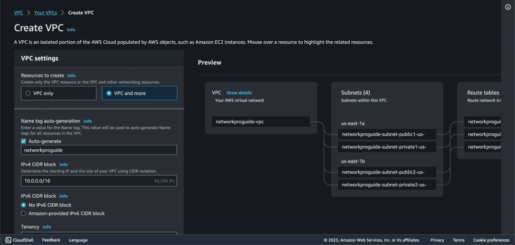 Screenshot showing Adding VPC name and CIDR block