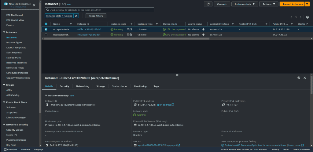 Screenshot showing accepter VPC instance with Public and Private  IP