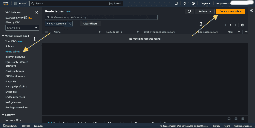 Screenshot showing accessing and creating route table in AWS