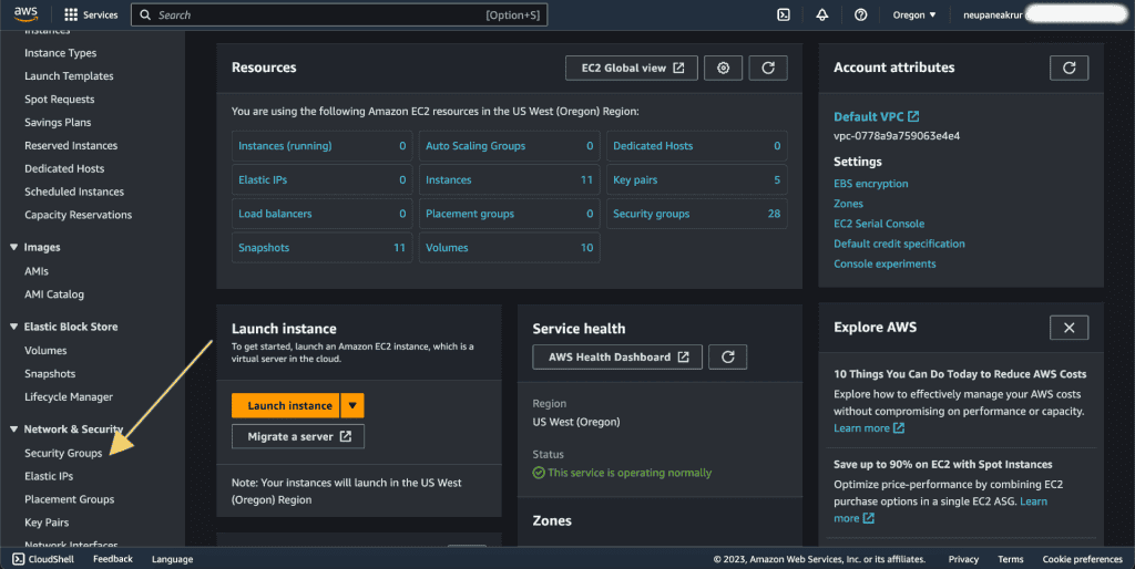 Screenshot showing Accessing security groups 