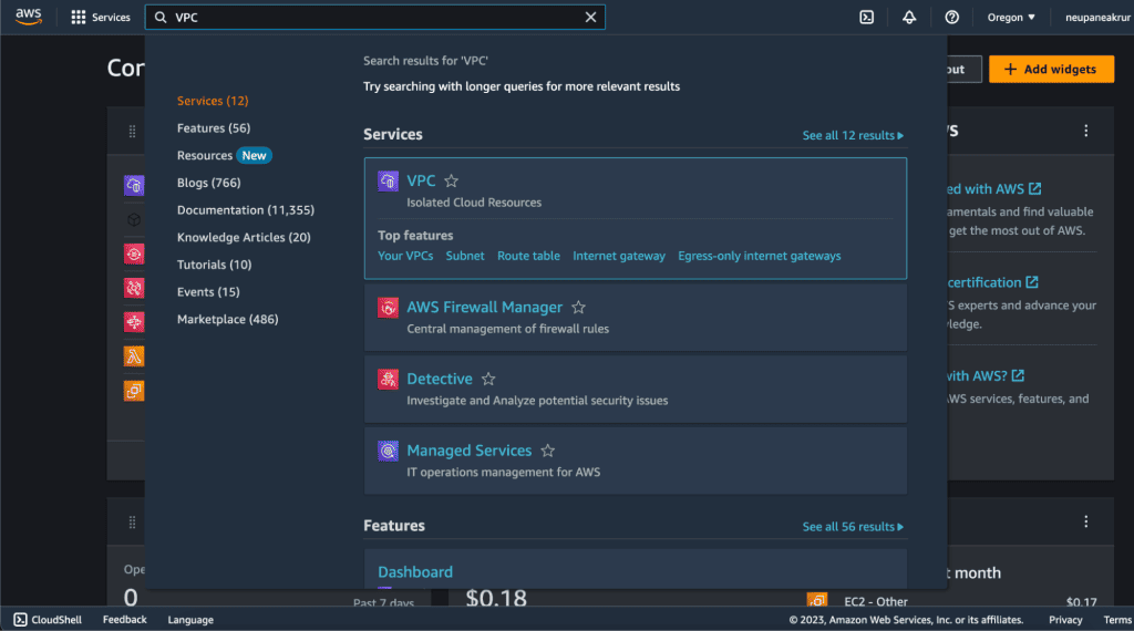 Screenshot showing accessing the AWS VPC