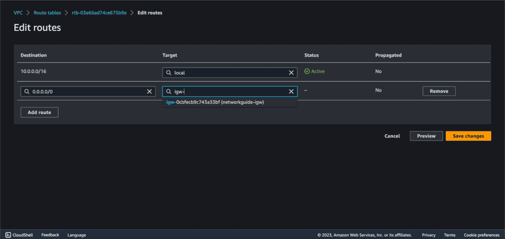 Screenshot showing me adding the internet gateway route