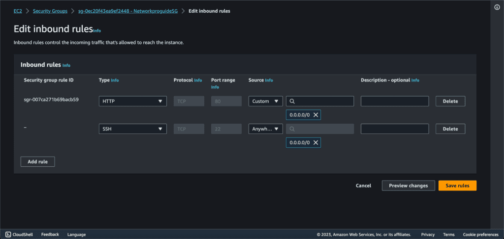 Screenshot showing Adding a new inbound rule  