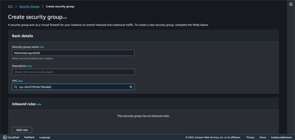 Screenshot showing Adding security group details 