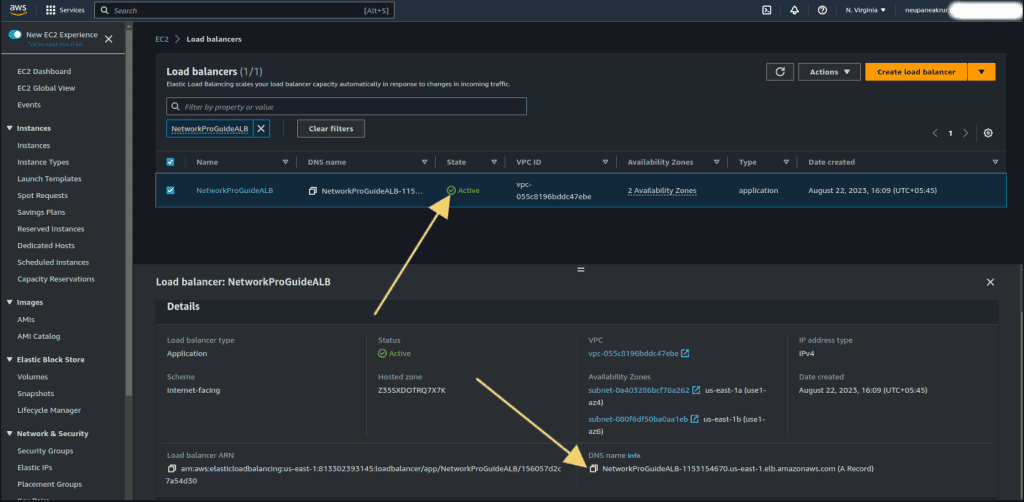 Screenshot showing Application load balancer details 