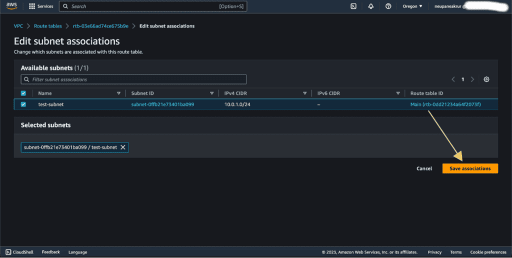 Screenshot showing me associating the subnet with the AWS route table.
