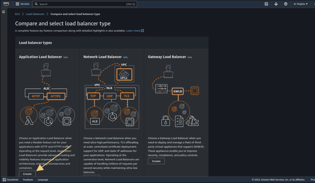 Screenshot showing Choosing an application load balancer 
