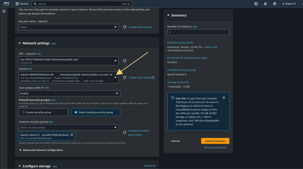 Screenshot showing Choosing VPC and Subnet
