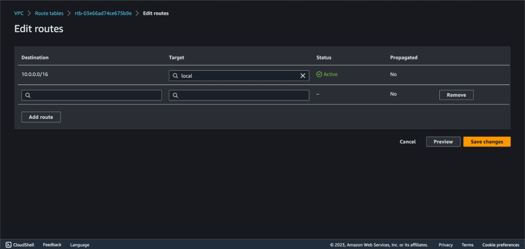 Screenshot showing me configuring the user-defined routes on the route table.
