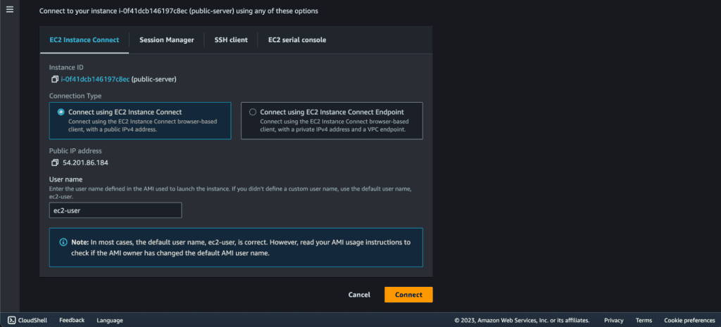Screenshot showing Connecting to public EC2 instance