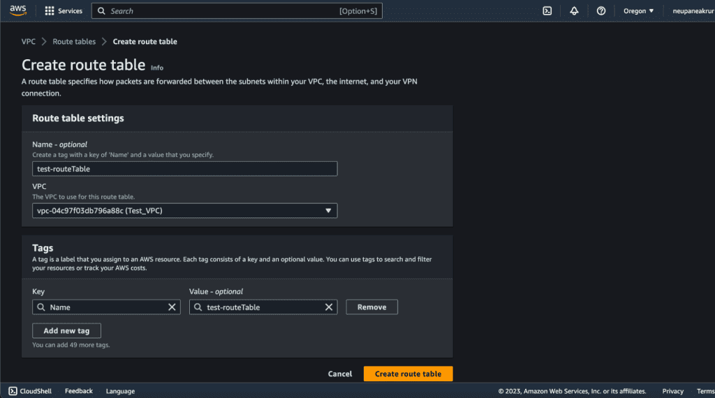 Screenshot showing creating route table in AWS