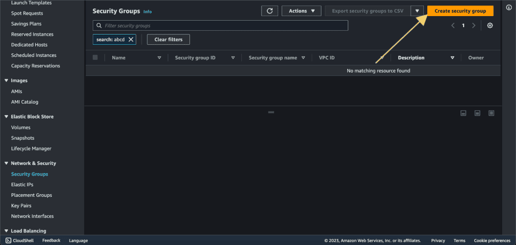Screenshot showing Creating security group