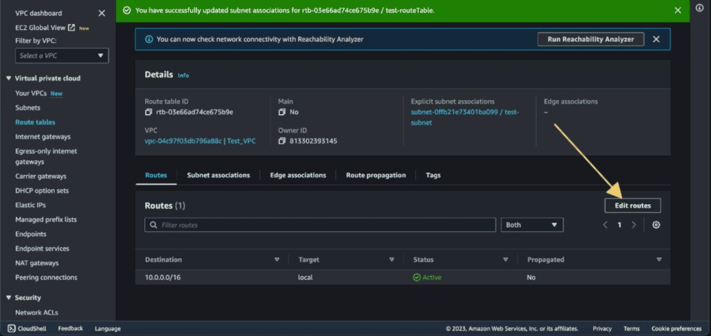 Screenshot showing me editing the AWS route table.