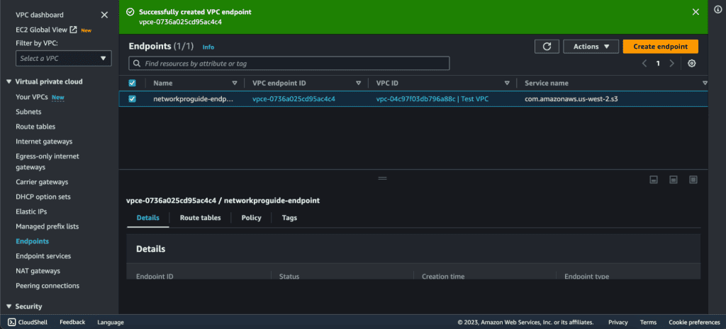 Screenshot showing Endpoint created