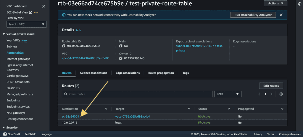 Screenshot showing Endpoint routes on the private subnet route table