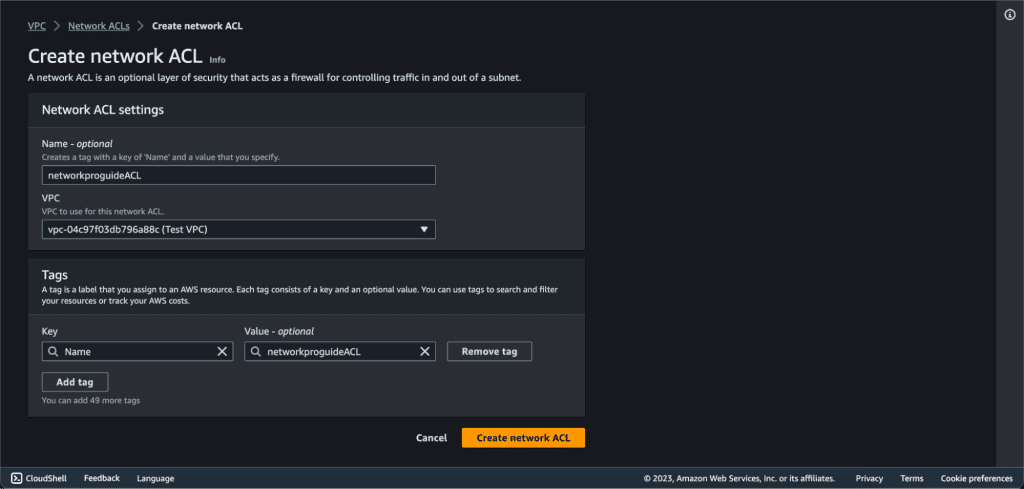 Screenshot showing Filling the NACL details