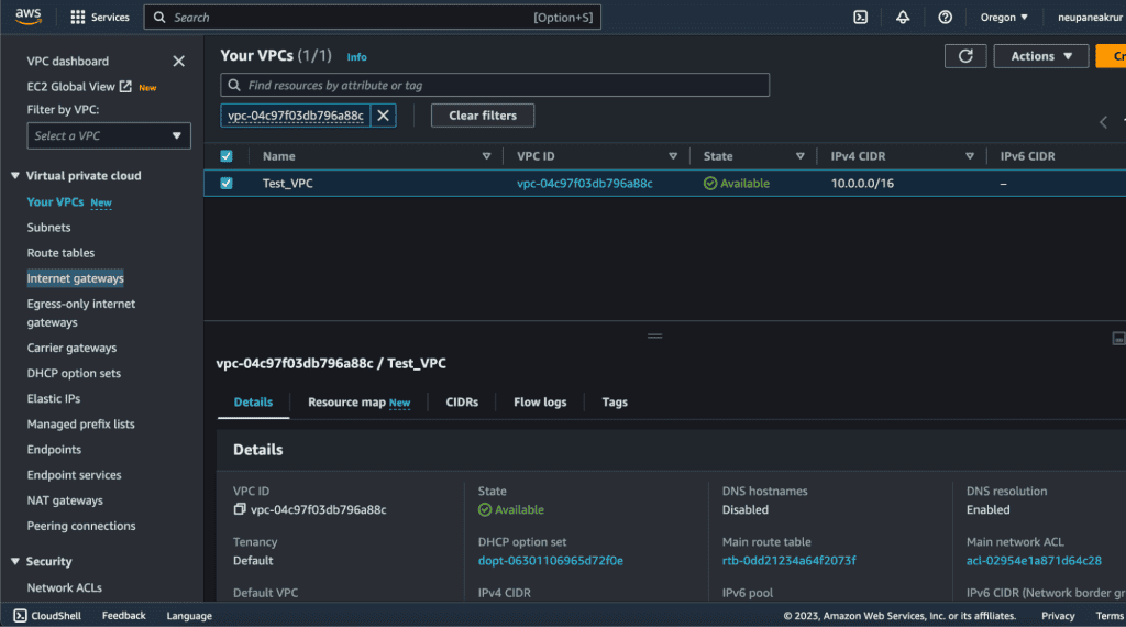 Screenshot showing list of AWS VPCs that I have created