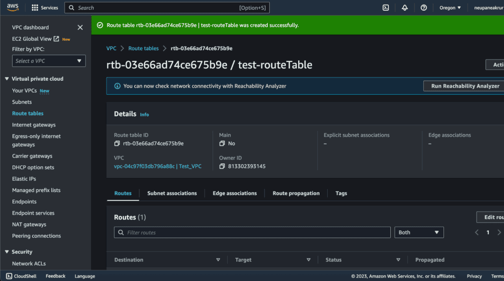 Screenshot showing AWS route table created
