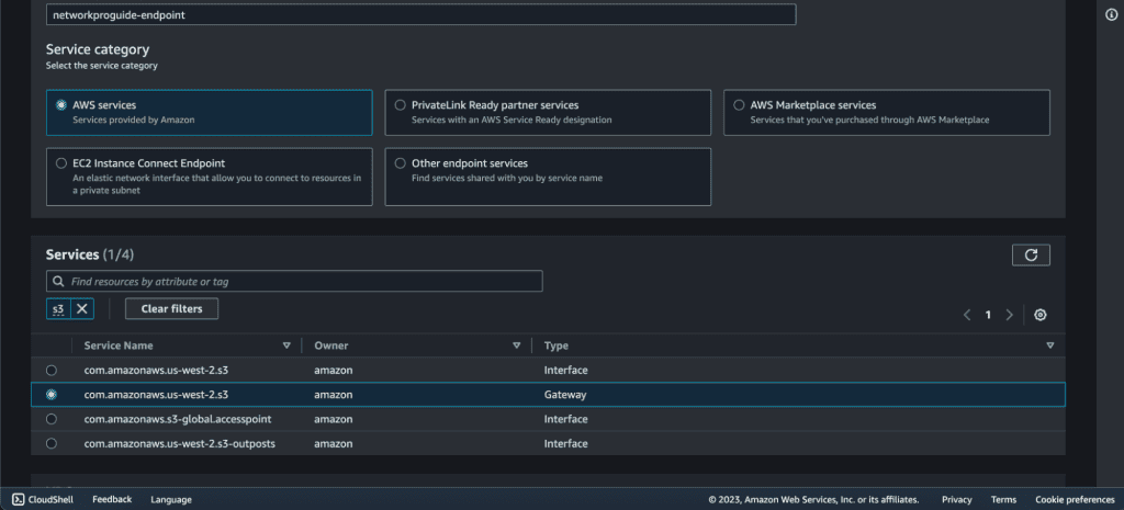 Screenshot showing Selecting endpoint service