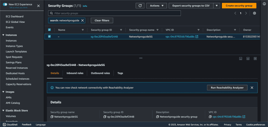 Screenshot showing Selecting the security group 