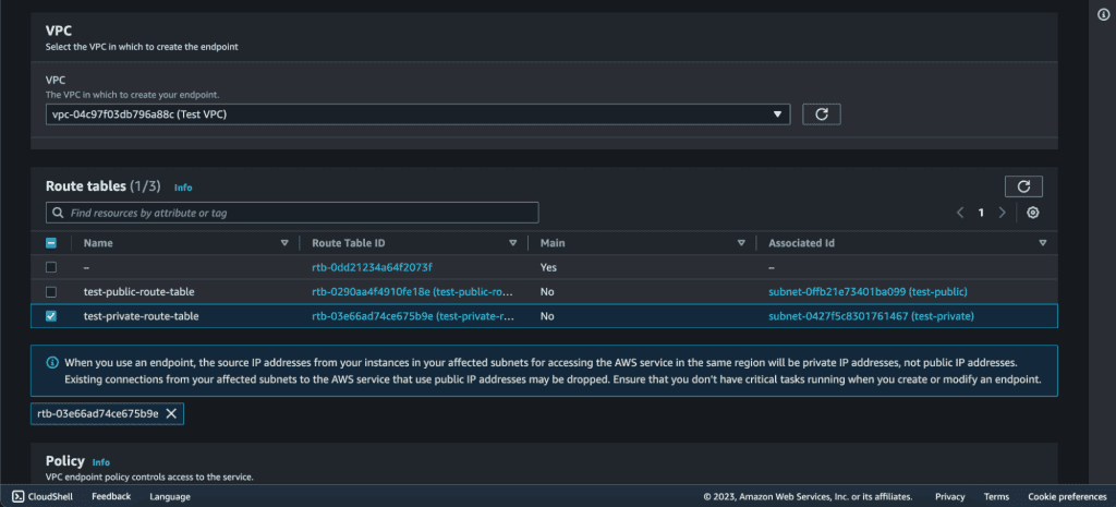 Screenshot showing Selecting VPC and private subnet route table
