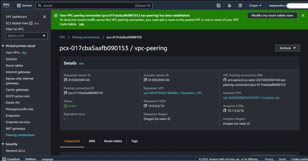 Screenshot showing success message of VPC peering