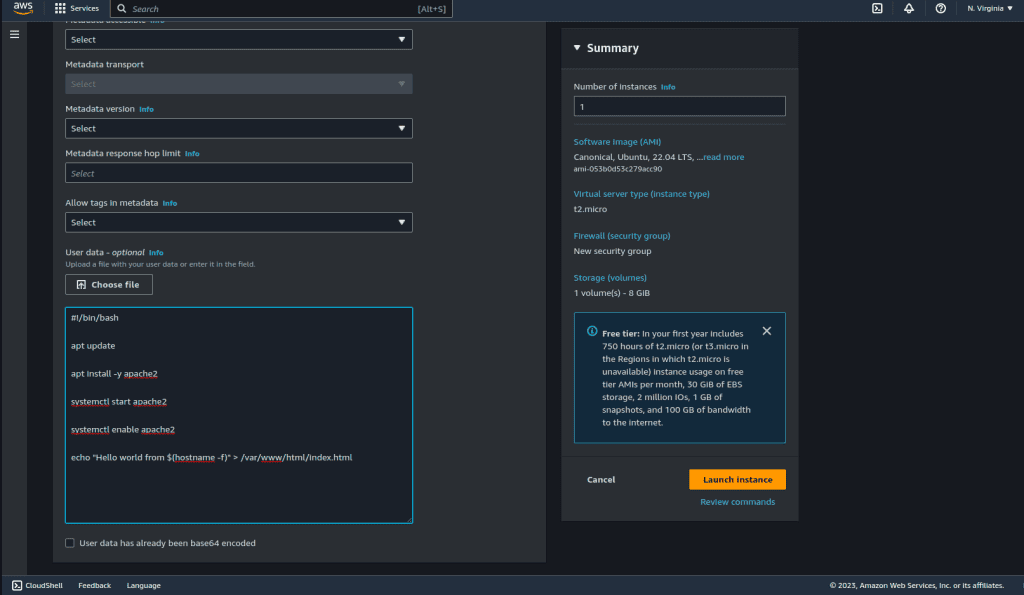 Screenshot showing User script data for EC2