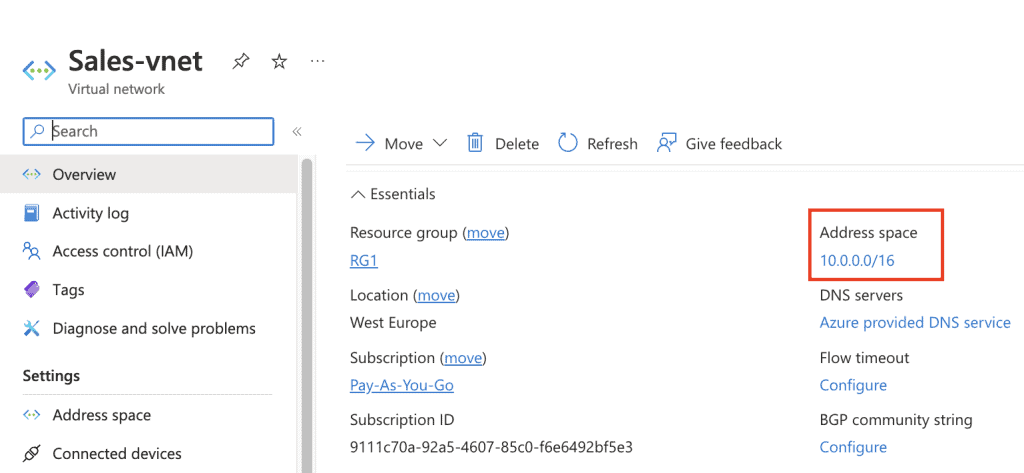 Checking the address space of vnet 2