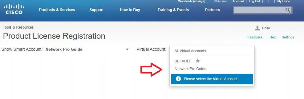Screenshot showing cisco choose virtual account