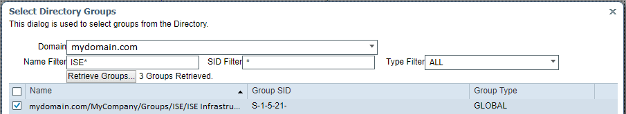 Screenshot showing cisco ise 24 active directory group add