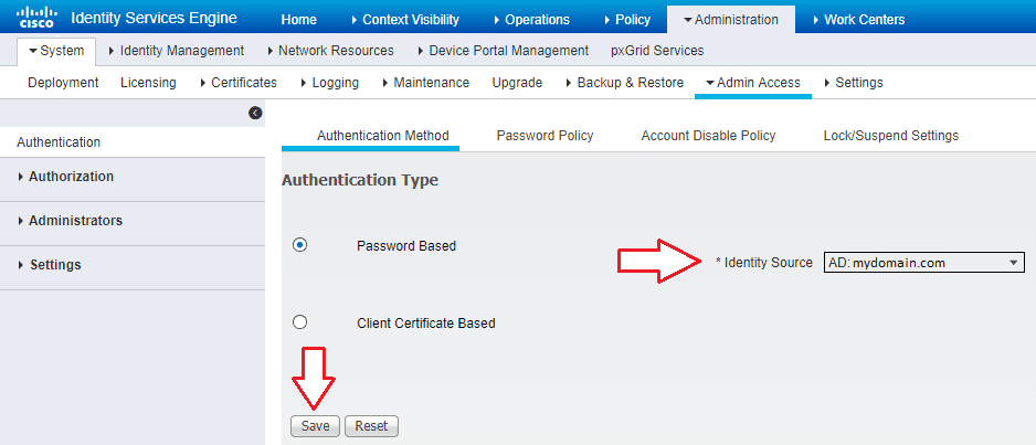 Screenshot showing cisco ise 24 admin access authentication method
