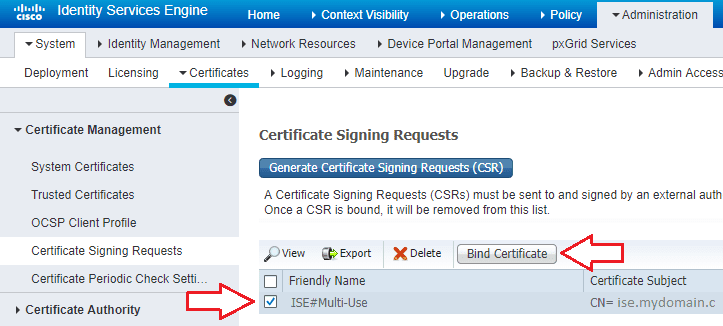 Screenshot showing cisco ise 24 install certificate csr bind cert