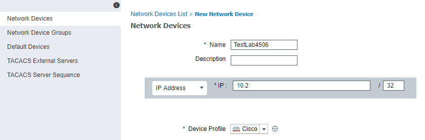 Screenshot showing cisco ise add network device name ip