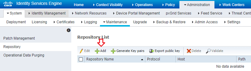 Screenshot showing cisco ise add repository button