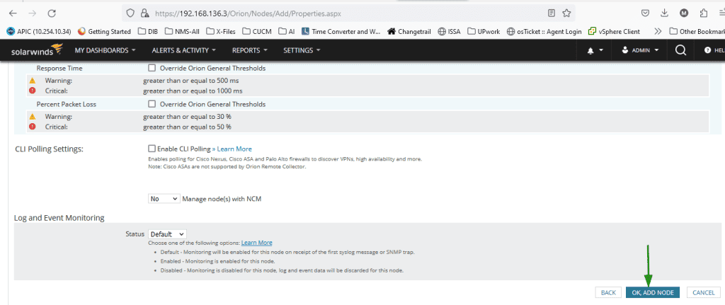 Screenshot showing clicking ok add node on Solarwinds Orion NPM NMS systems.