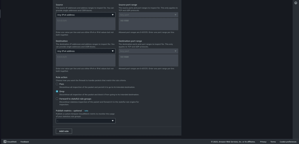 Configuring the source, destination, and rule action