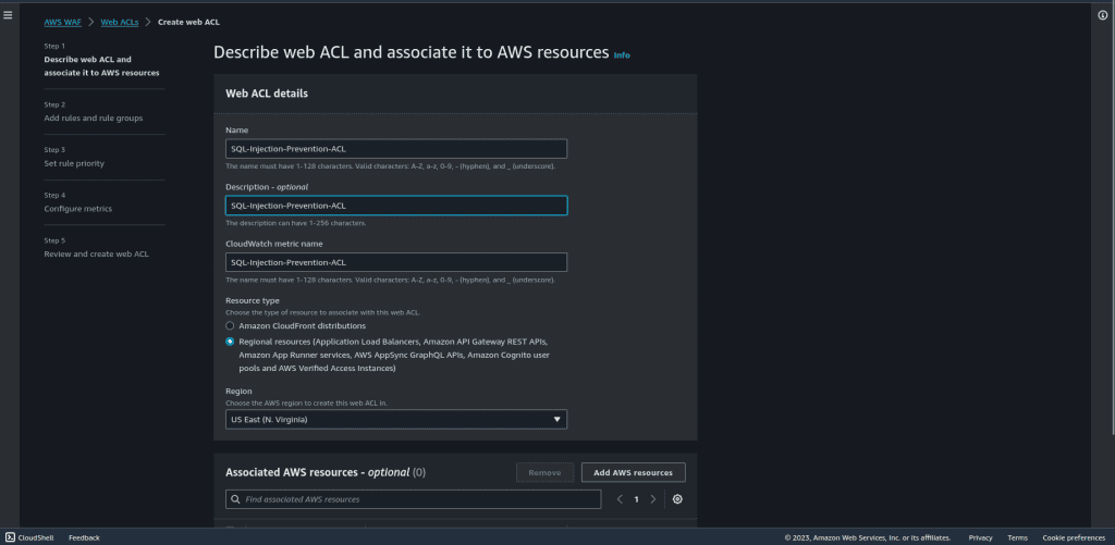 Configuring sql injection web ACL details