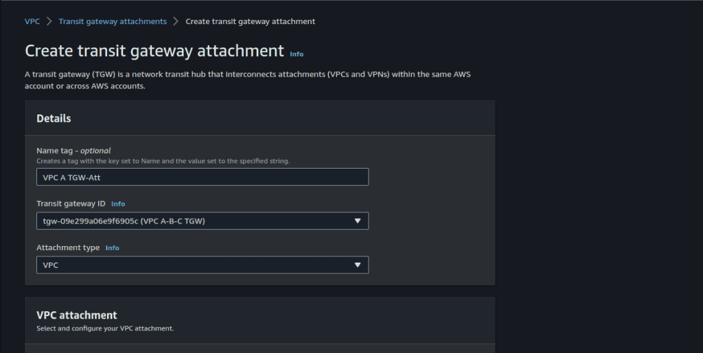 Configuring transit gateway attachment details